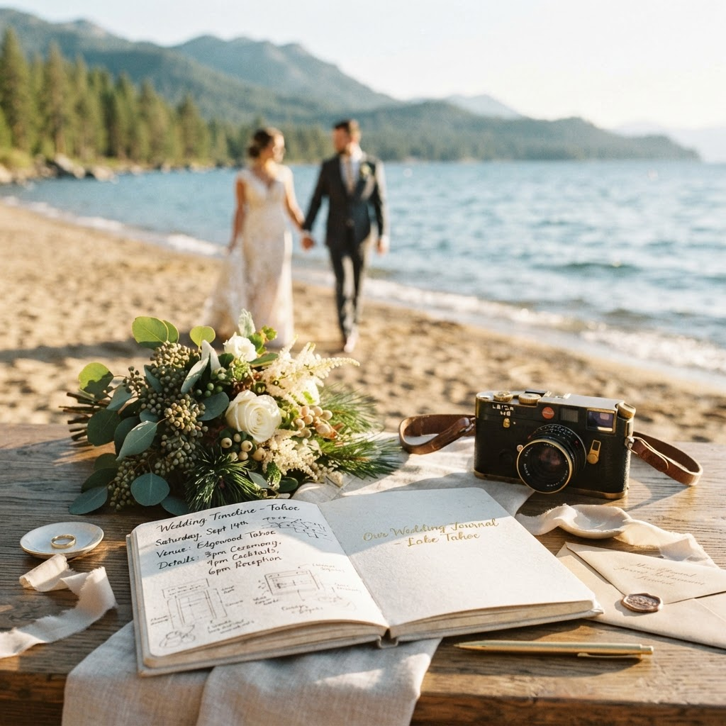 A couple walking through a sunlit Lake Tahoe wedding venue