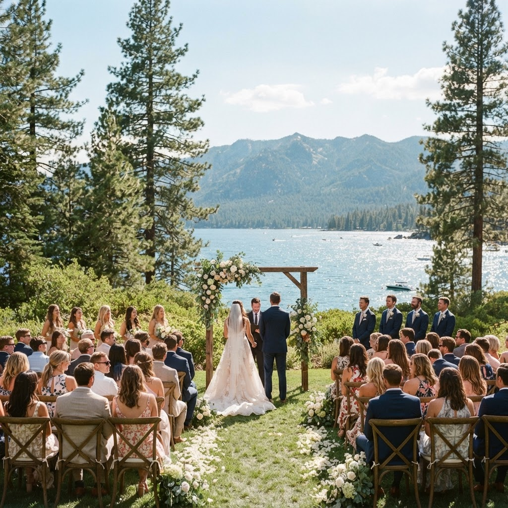 Outdoor lakeside wedding ceremony at Valhalla on Lake Tahoe, framed by tall pine trees with the lake and mountains behind