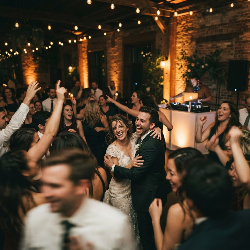 A full wedding dance floor at night with a glowing DJ booth, warm string lights and guests celebrating