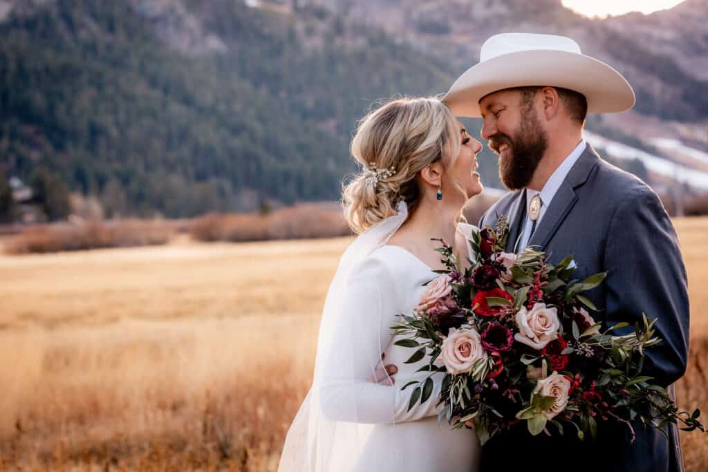 Lake Tahoe sunset wedding picture of a bride and groom